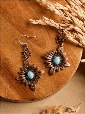 Turquoise Center Sunflower Drop Earrings